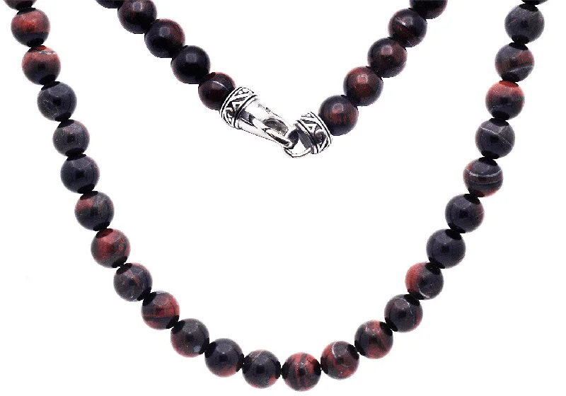 zodiac necklace for women-Mens Genuine 8mm Red Tiger Eye Stainless Steel Beaded Necklace