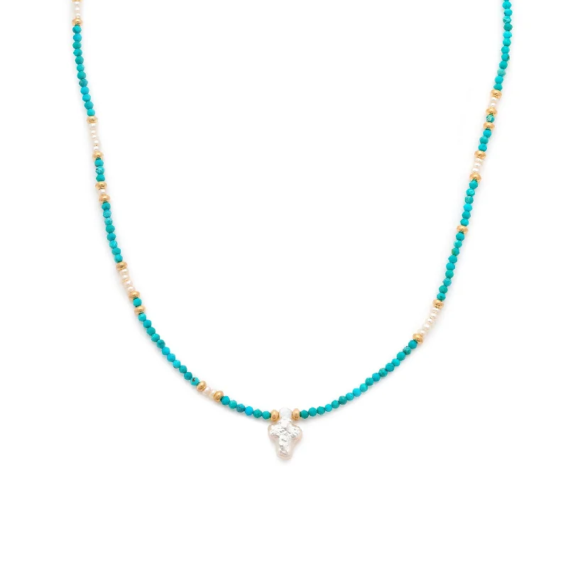 zodiac pendant necklace for women-Pearl Cross Necklace | Turquoise