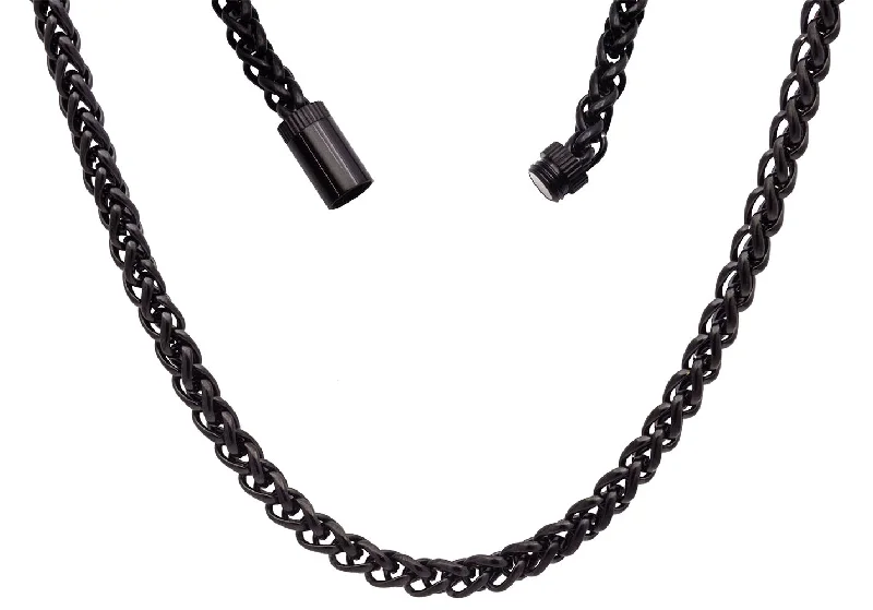 layering necklace for women-Mens Black Plated Stainless Steel Wheat Link Chain Necklace With Magnetic Clasp