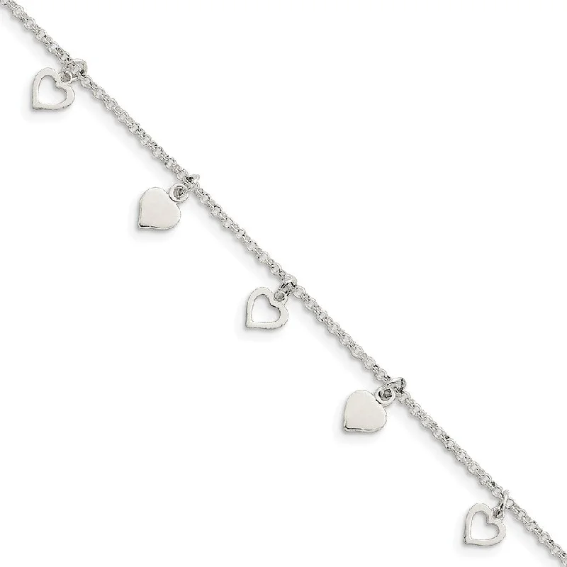 friendship bracelet for women-Sterling Silver Dangling Hearts Anklet, 10 Inch