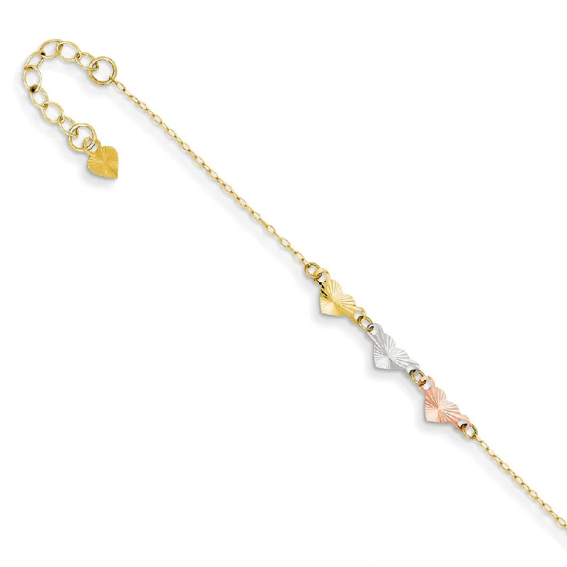 beaded anklet for women-14k Tri Color Gold Adjustable Heart Anklet, 9 Inch