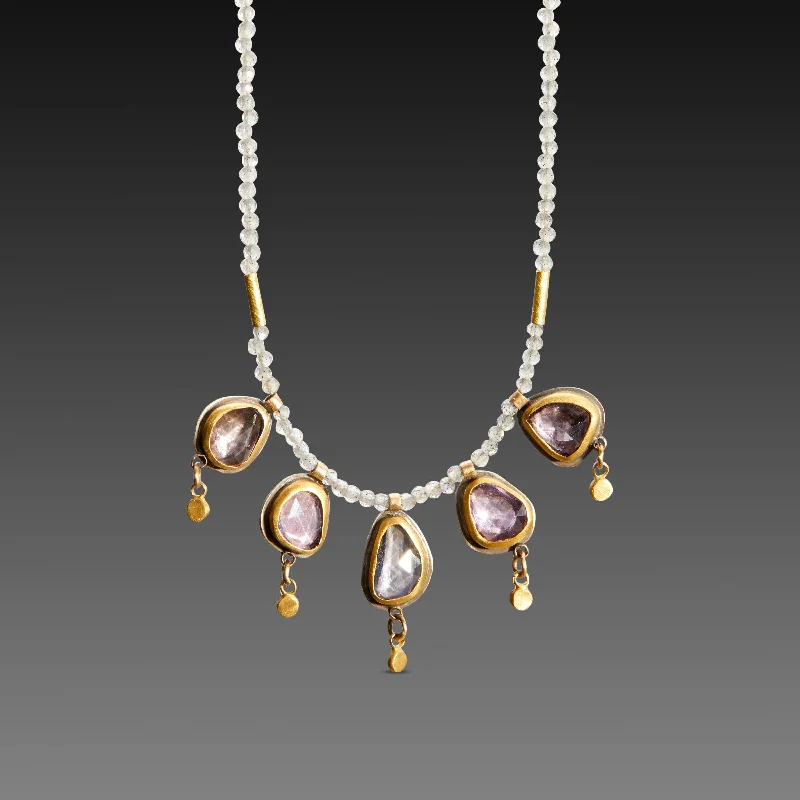 pendant necklace for women-Five Pink Sapphires with Labradorite Beaded Necklace