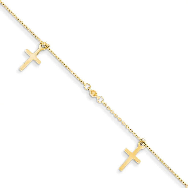 anklet with charms for women-14k Yellow Gold Polished and Textured Latin Cross Anklet, 9-10 Inch