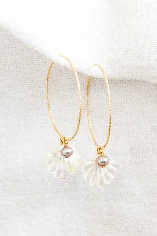 flower dangle earrings for women-Fan Flower Silver Pearl Twisted Hoops