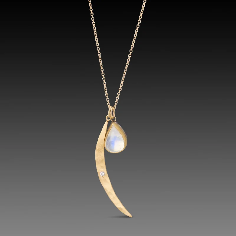 bohemian necklace for women-Rainbow Moonstone and Crescent Moon Necklace