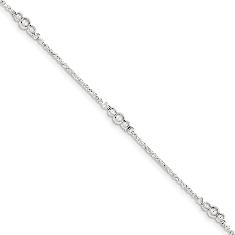 ankle bracelet for women-Sterling Silver Bead Accented Cable Chain Adjustable Anklet, 9 Inch