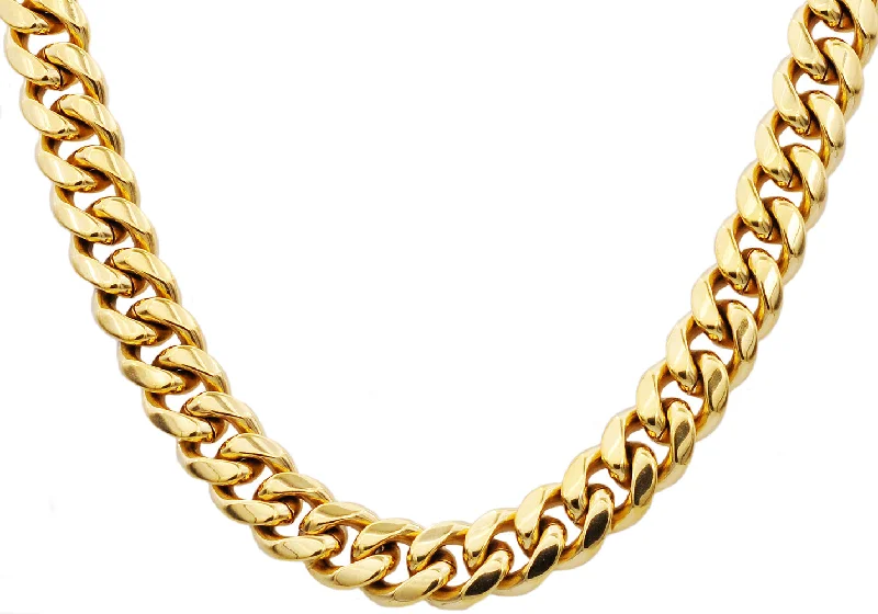 moon necklace for women-Mens 14mm Gold Stainless Steel Cuban Link Chain Necklace With Box Clasp