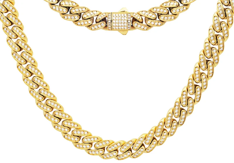 lock necklace for women-Men's 12mm Gold Stainless Steel Iced Out Miami Cuban Link Chain Necklace