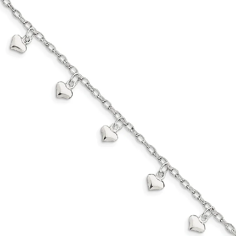 lace bracelet for women-Sterling Silver Dangling Hearts Anklet, 9-10 Inch