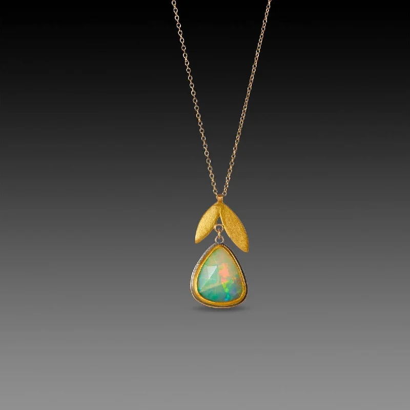 custom necklace for women-Ethiopian Opal with 22k Double Leaf Necklace