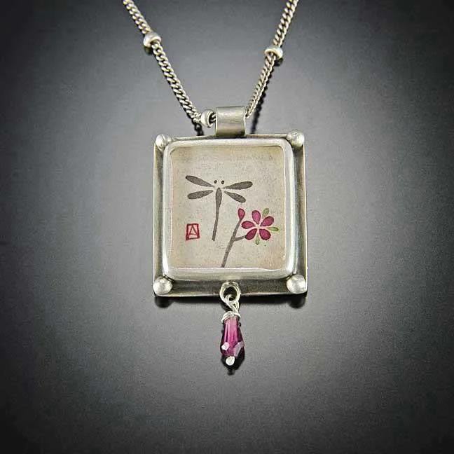 gemstone necklace for women-Small Rectangle Dragonfly Necklace