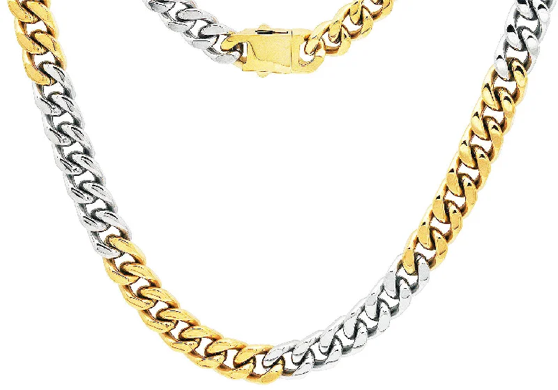 minimalist necklace for women-Mens 10mm Two-Toned Gold Plated Stainless Steel Cuban Link Chain Necklace