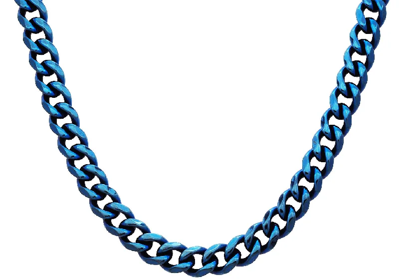 star necklace for women-Mens 10mm Blue Stainless Steel Curb Link Chain Necklace