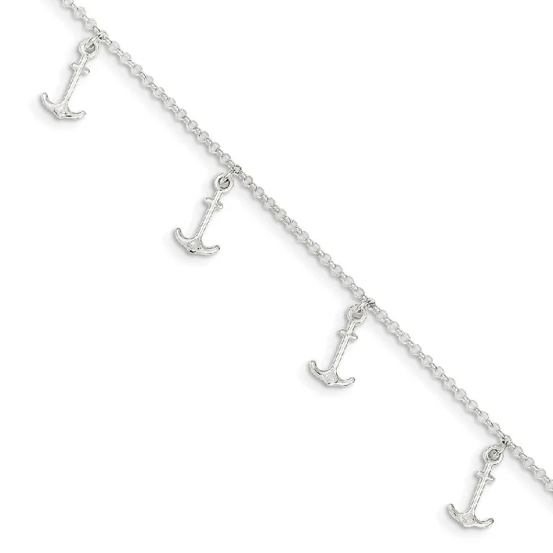 colorful anklet for women-Sterling Silver Dangling Anchors Adjustable Rolo Chain Anklet, 9 Inch