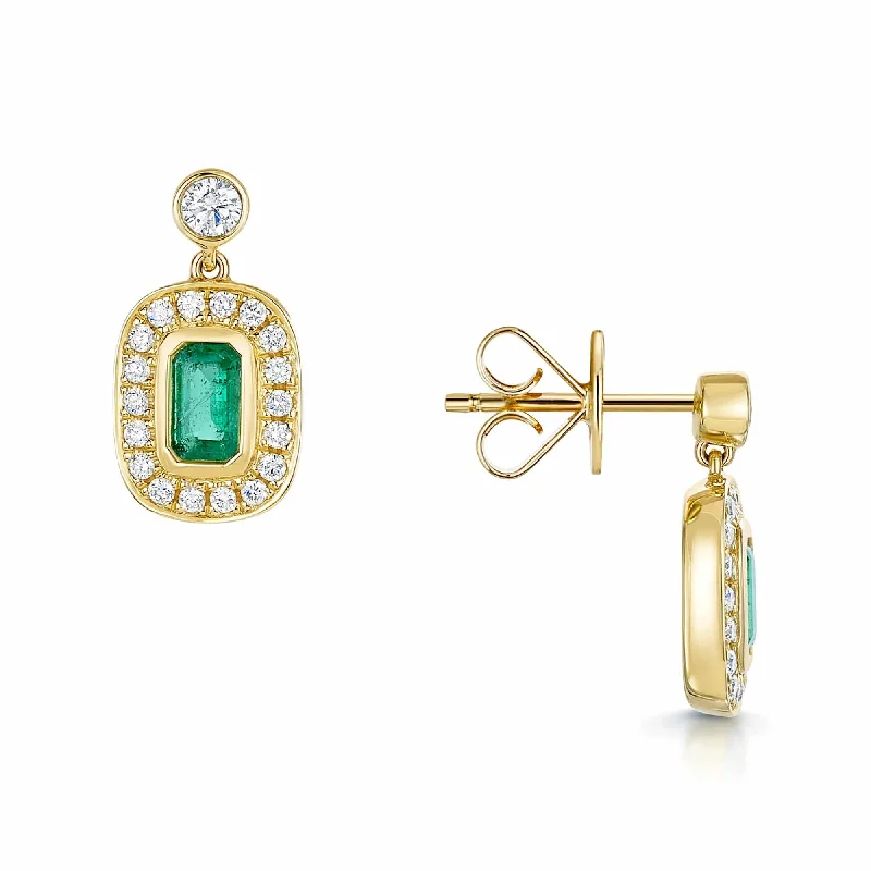 trendy earrings for women-18ct Yellow Gold Emerald & Diamond Cluster Drop Earrings