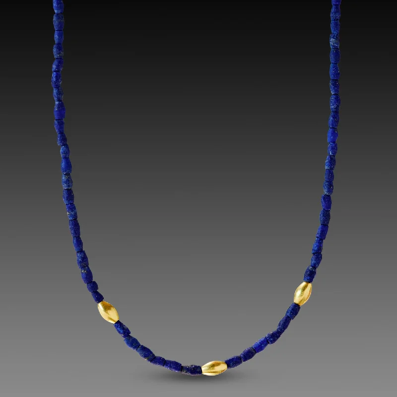 artistic necklace for women-Lapis Necklace with Gold Rice Beads