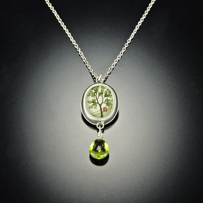 crystal necklace for women-Tiny Oval Spring Maple Necklace with Peridot Drop