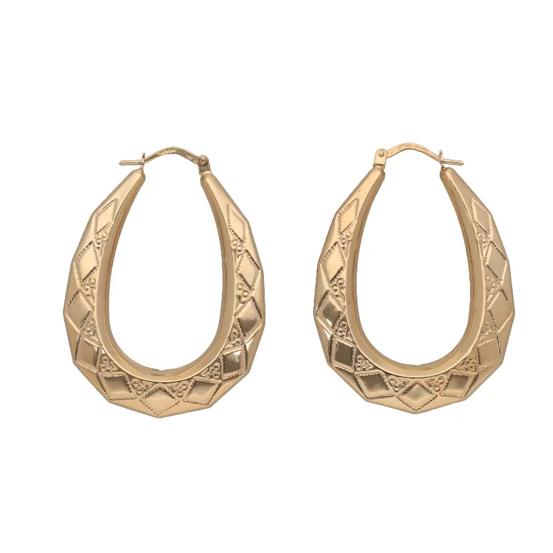 clip-on earrings for women-New 9ct Gold Fancy Patterned Oval Earrings