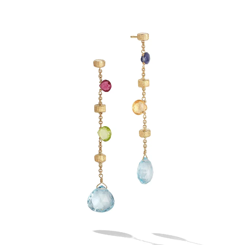 hoop earrings with diamonds for women-Paradise 18ct Yellow Gold Multicoloured Long Drop Earrings