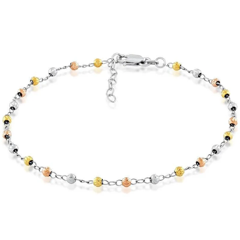 solid gold anklet for women-Sterling Silver Tri Color Thin Diamond Cut Anklet