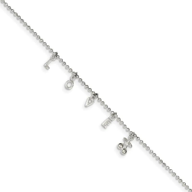 luxury bracelet for women-Sterling Silver 1.5mm Beaded LOVE Charm Anklet, 10-11 Inch