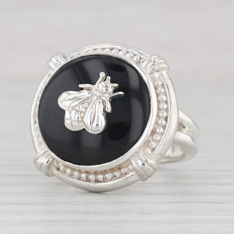 unique diamond engagement ring for women-Slane & Slane Onyx Bumble Bee Signet Ring Sterling Silver Size 8