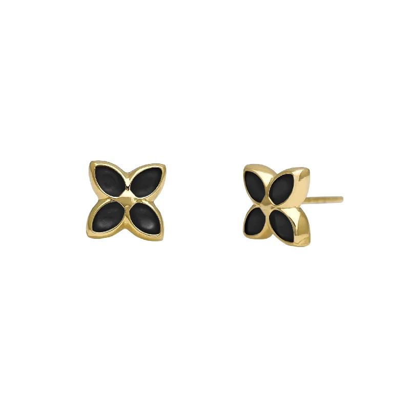 flower dangle earrings for women-Black Four-Leaves Floral Stud Earrings (14K)