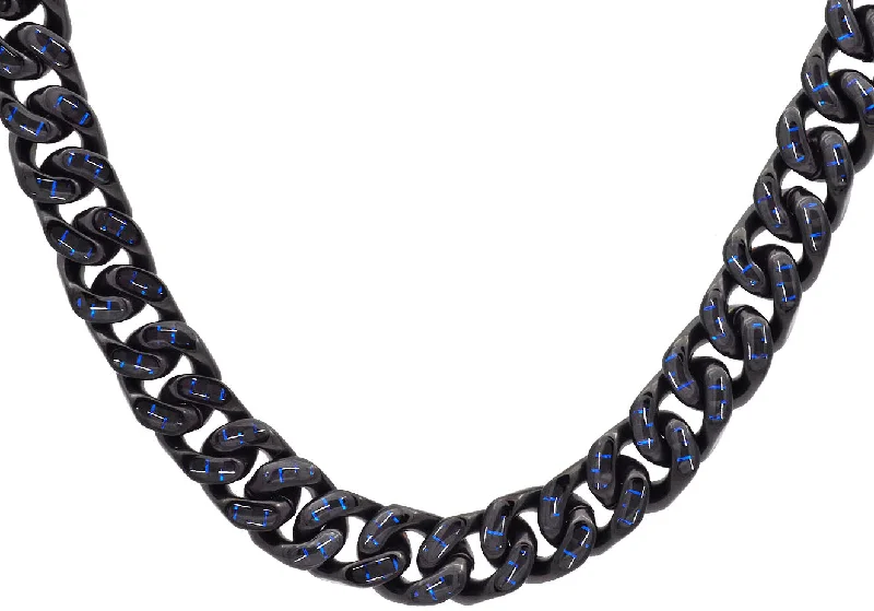 birthday necklace for women-Men's 12mm Black Plated Stainless Steel Cuban Link Chain Necklace With Blue Carbon Fiber