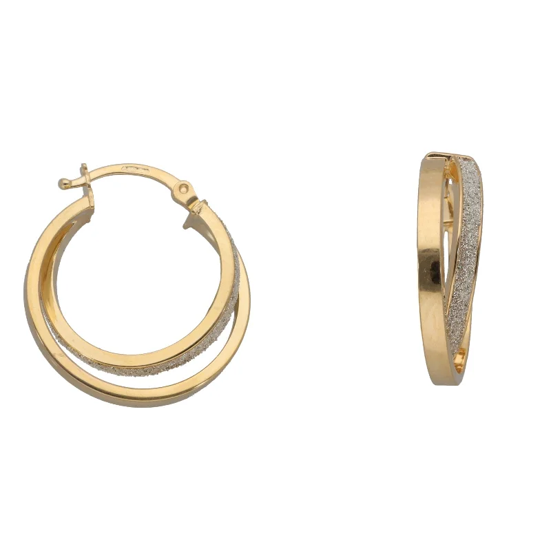 hoop earrings with diamonds for women-New 9ct Gold Double Hoop Glitter Earrings