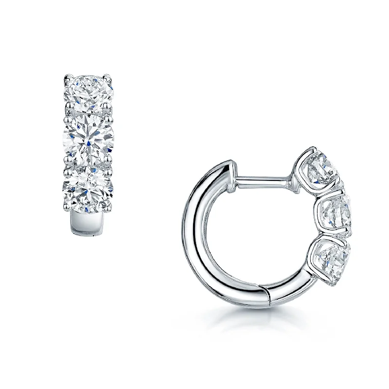 minimalist earrings for women-Platinum Diamond Three Stone Hoop Earrings