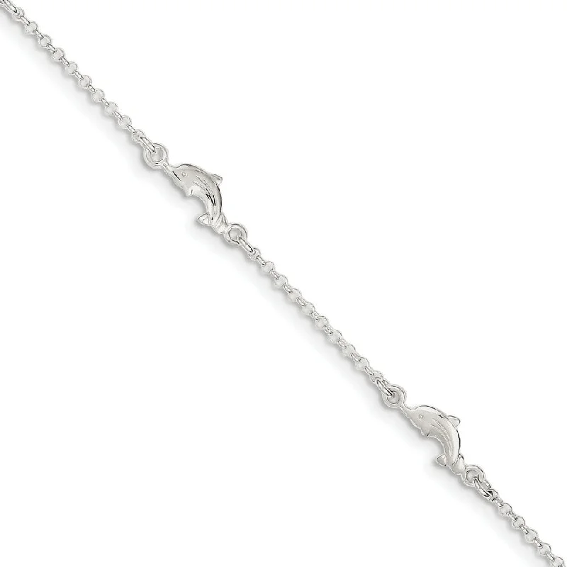 cuff bracelet for women-Sterling Silver Dolphin Station Link Adjustable Anklet, 9 Inch