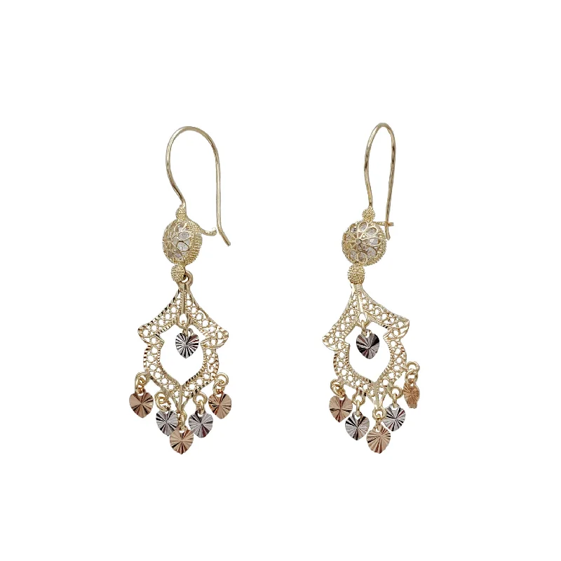 diamond drop earrings for women-Tricolor 5-Hearts Chandelier Dangling Earrings (14K)