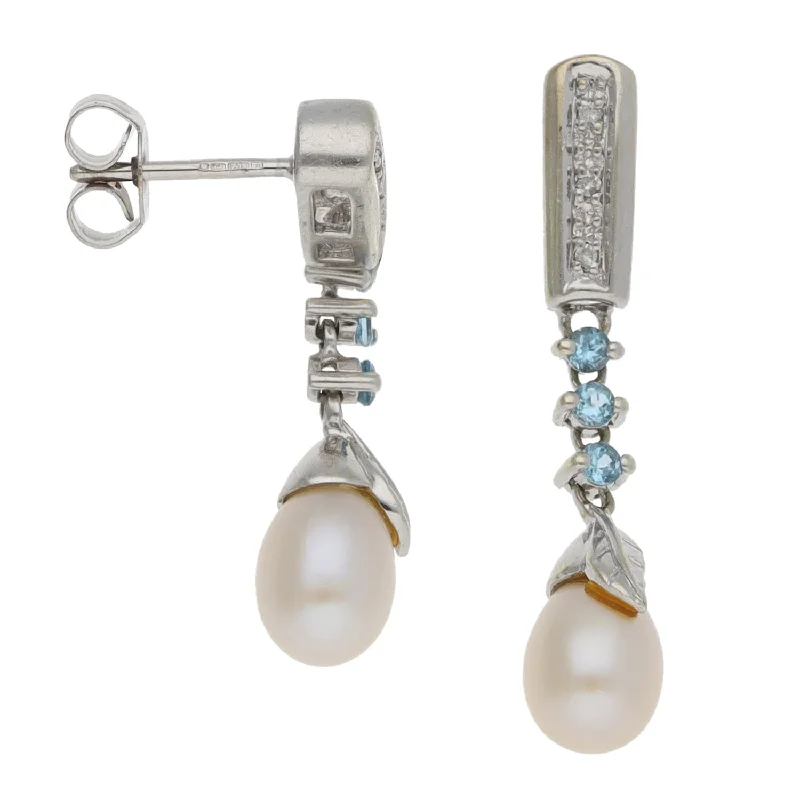 bar earrings for women-9ct White Gold Cultured Pearl & Topaz & 0.03ct Diamond Drop Earrings