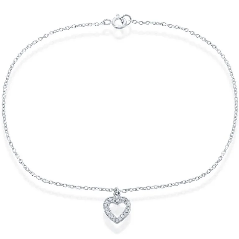 leather anklet with charms for women-Classic Women's Anklet - Sterling Silver with Hanging CZ Heart, 10 | inch R-9055-10