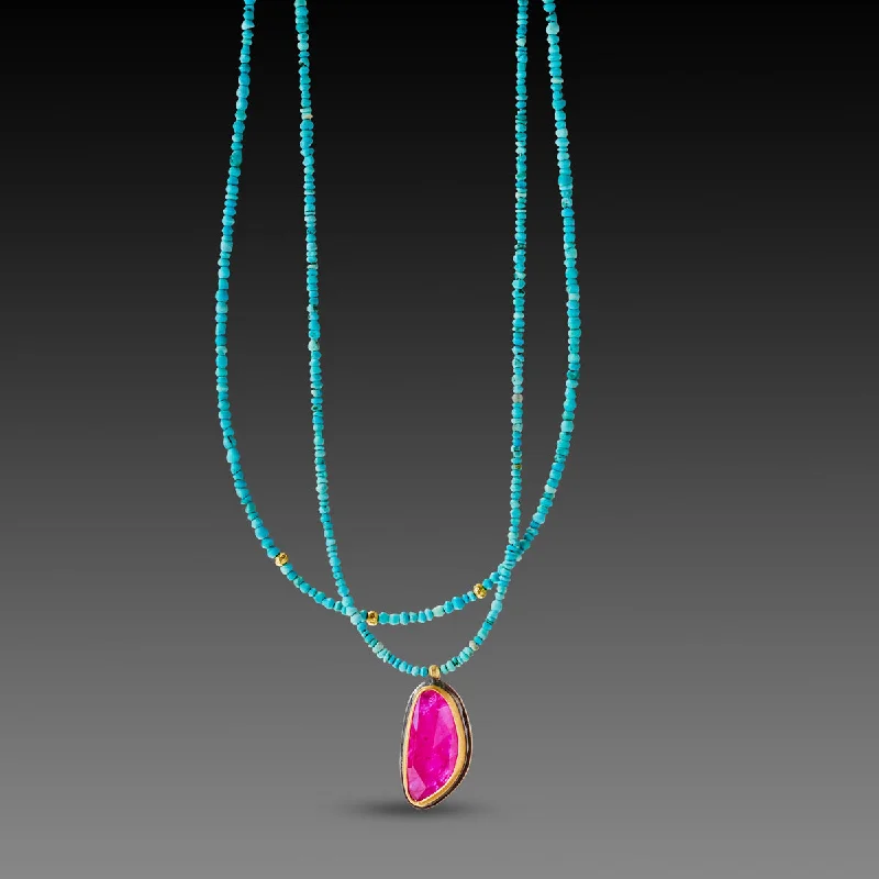 statement necklace for women-Double Strand Turquoise Necklace with Ruby