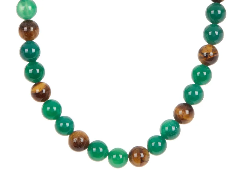 vintage chain necklace for women-Mens Genuine Green Agate And Tiger Eye Gold Stainless Steel Beaded Necklace