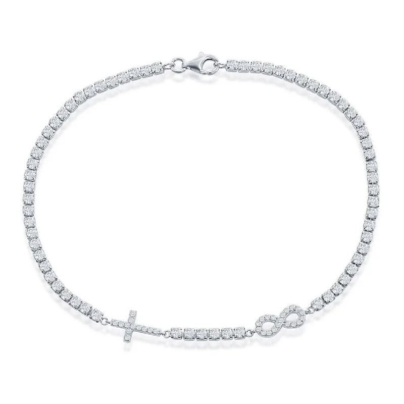 chic bracelet for women-Classic Women's Anklet - Sterling Silver Infinity and Cross Tennis | R-9281