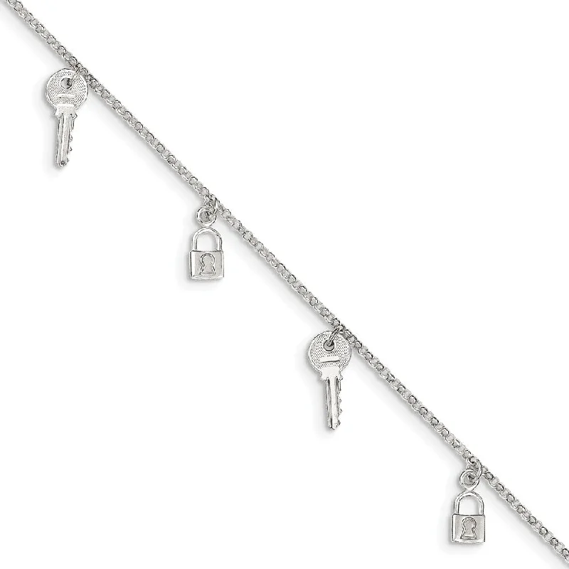 tennis bracelet for women-Sterling Silver Lock and Key Charm Anklet, 10 Inch