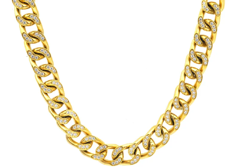 cute necklace for women-Mens Gold Stainless Steel Curb Link Chain Necklace With Cubic Zirconia