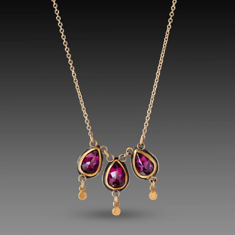 geometric necklace for women-Triple Rhodolite Garnet Necklace