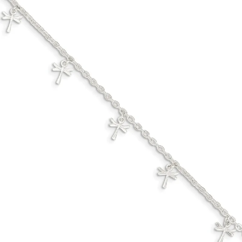 vintage anklet for women-Sterling Silver 2.5mm Cable Chain And Dragonfly Charm Anklet, 9-10 In