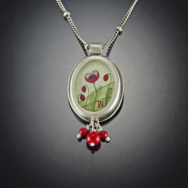 nature-inspired necklace for women-Oval Poppy Necklace with Coral