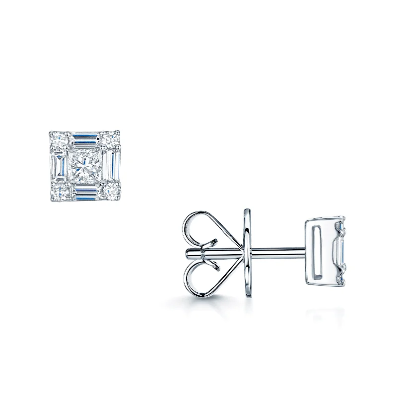 dangle earrings for women-18ct White Gold Mixed Cut Diamond Square Shaped Stud Earrings