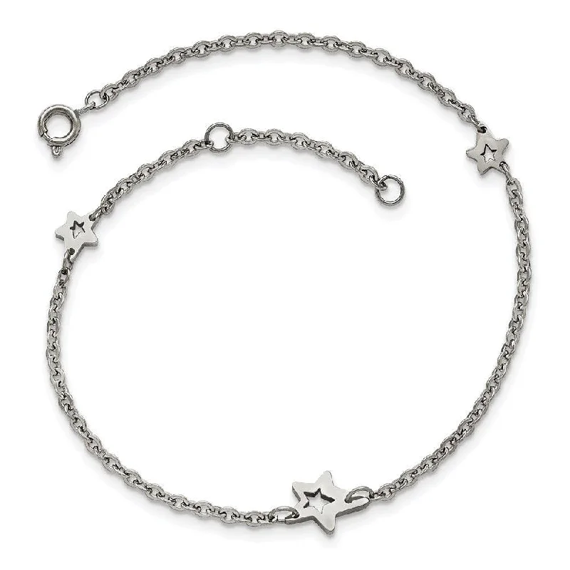 pearl anklet for women-Stainless Steel Polished Stars with 1in extension Anklet