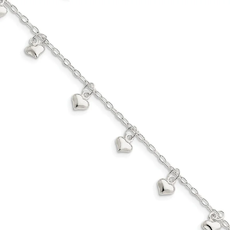 sterling silver anklet for women-Sterling Silver 2mm Cable Chain And 6mm Puffed Hearts Anklet, 10 Inch