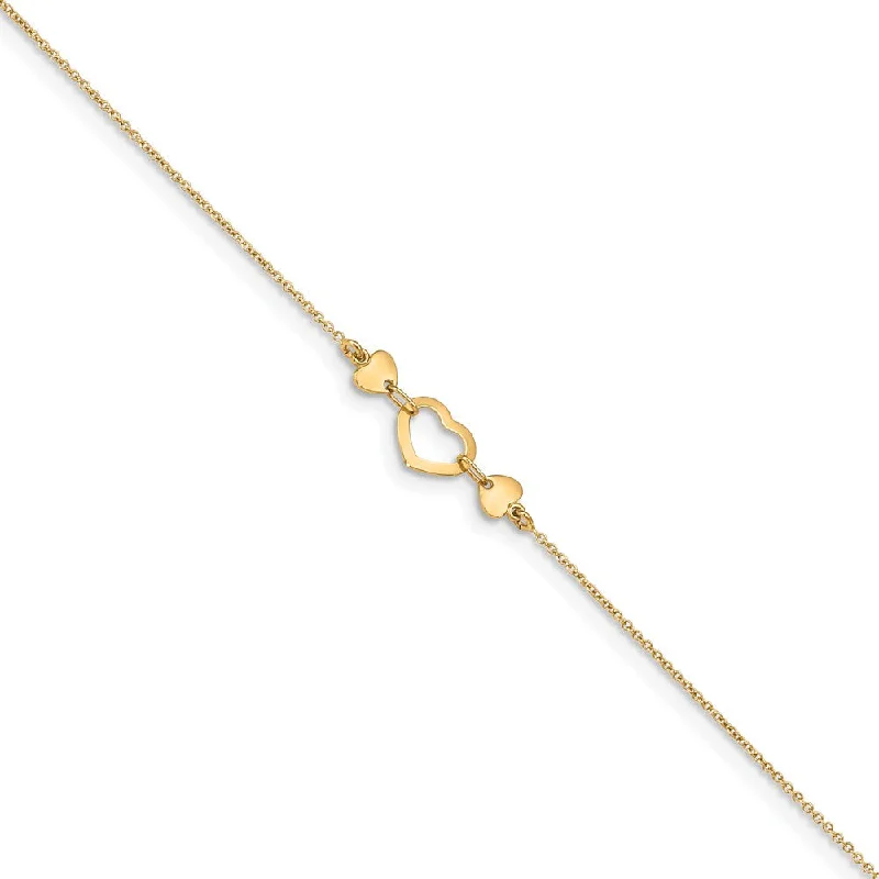 funky bracelet for women-14k Yellow Gold Polished Heart And Cable Chain Anklet, 10-10.75 Inch