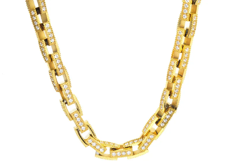 bold necklace for women-Mens Gold Stainless Steel Square Link Chain Necklace with Cubic Zirconia