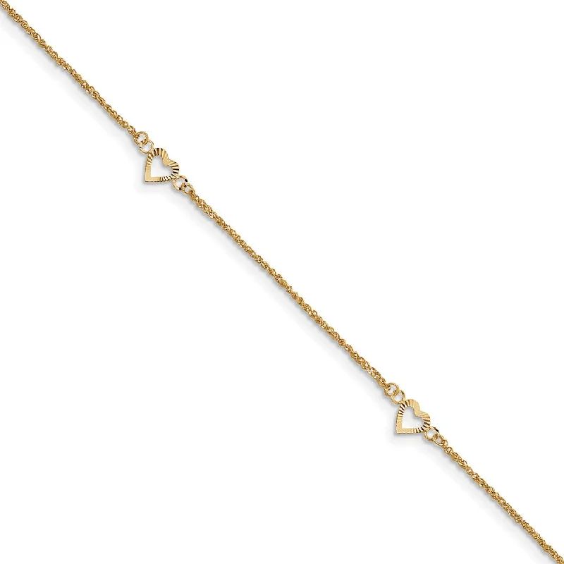 multi-layered bracelet for women-14k Yellow Gold Diamond-cut Hearts Anklet, 9-10 Inch