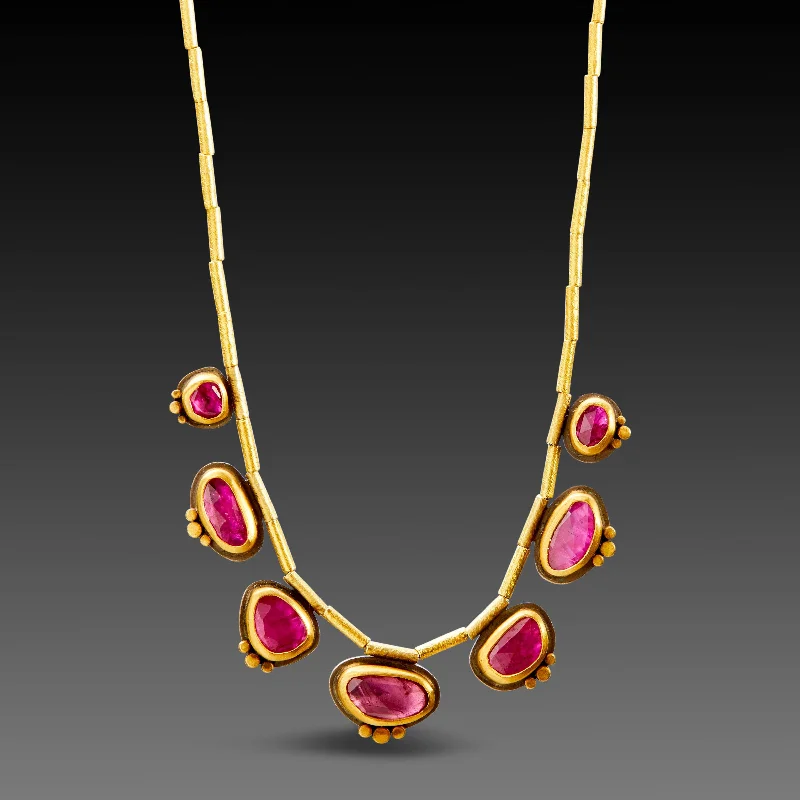 bridal necklace for women-Seven Rubies with 22k Gold Trios Necklace