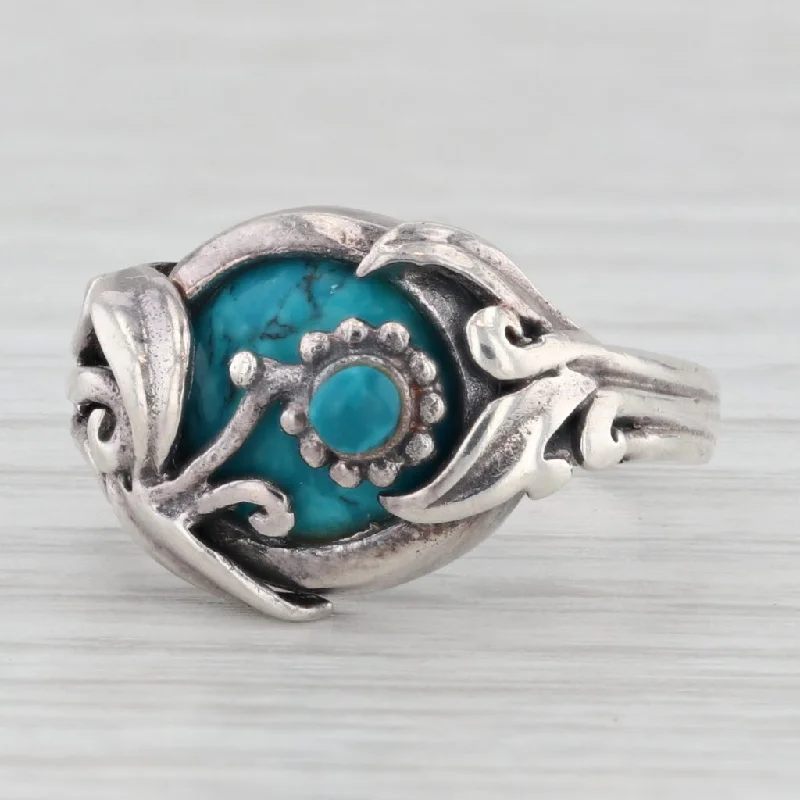 minimalist engagement ring for women-Turquoise Flower Ring Sterling Silver Size 6 Vintage Ornate Floral